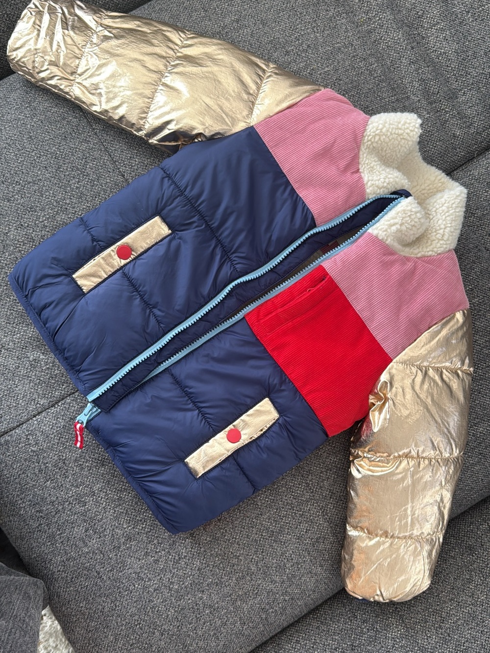 Mini Boden Navy, Pink, Red & Gold Colorblock Puffer
